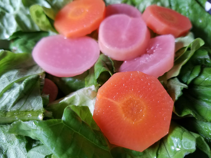 pickled radish and carrots on salad